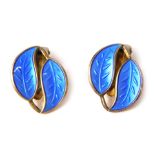 A pair of David Anderson Norwegian silver and blue enamel clip on earrings, each formed as two inter