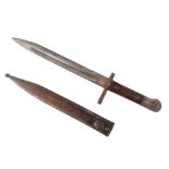 A late 19thC bayonet, stamped ASFA, and numbered 47967, with a wooden handle in metal sheath, 40cm l