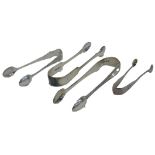 Four pairs of silver sugar tongs, to include pair of George III examples, various dates and assays,