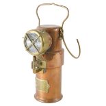 A brass and copper railway inspection lamp, bearing crest C E A G Limited of Barnsley York, B.E.3. i