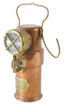A brass and copper railway inspection lamp, bearing crest C E A G Limited of Barnsley York, B.E.3. i