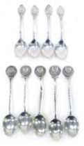 A collection of nine silver golf trophy spoons, five relating to Derbyshire Golf Club, 3.49oz.