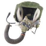 A military aviation green soft shell gas mask, size 3, with military arrow, bearing label.