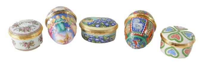 Five Halcyon Day enamel pill boxes, comprising A Year to Remember 2000, Easter 2000, Valentine's Day