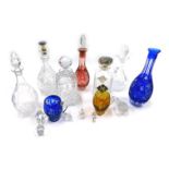 A quantity of cut and other glass, to include a blue flash decanter, a red flash decanter, two mugs,