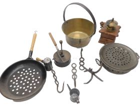 A quantity of kitchenalia, to include coffee grinder, further kitchen grinder, hooks, jam pan, pans
