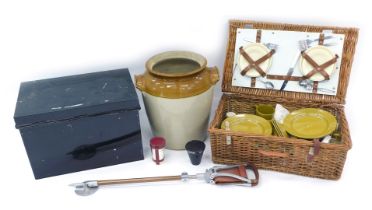 Miscellaneous items, to include shooting stick, a metal deep box, picnic hamper, and a stoneware cro