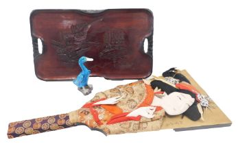 A Japanese padded and embroidered bat or paddle, a tray and a Chinese turquoise glazed goose. (3)