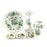 A small Crown Staffordshire Kowloon pattern ginger jar and cover, a plate, a vase, two Masons