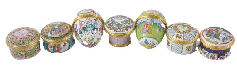 Seven Halcyon Day enamel pill boxes, comprising 1993 Mother's Day, 1993 Easter Egg, 1993 Valentine's