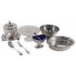 A quantity of metalware, etc., to include pewter bowl, silver plated and engraved biscuit barrel, gl