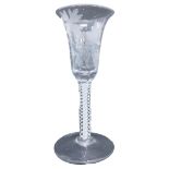 A late 18th/early 19thC wine glasses, with bell shaped bowl and opaque twist glass stem, on a folded