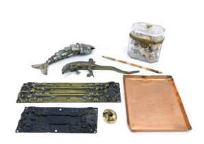 Miscellaneous items, to include two brass finger plates, an articulated mother of pearl fish, a meta