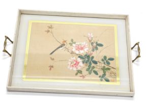 A cream painted tray, inset with a Chinese picture of a bird and flowers, etc., 555cm wide.