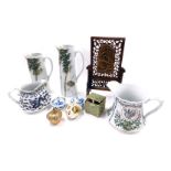 Decorative Oriental ceramics, a carved Chinese table screen, bauble, jug, jar and cover, etc. (2 tra
