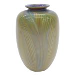 A 20thC Art Glass vase in the manner of Lundberg, decorated with an iridescent feather design in sha