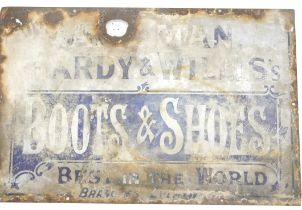 A late 19th/early 20thC enamel sign for Hardy and Willis Boots and Shoes, 31cm x 46cm. (AF)