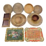 A collection of treen, to include two painted Venetian trays, Continental carved wood plates, etc.