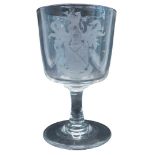 A large oversized glass rummer or challis, engraved with a crest and Latin motto Provideres est Rege