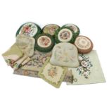 A quantity of embroidered tapestry type cushions, unstuffed cushions, bell pull, etc. (2 boxes)