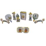 Various French Faience novelty items, to include a 19thC Quimper book shaped flask, two pairs of kni