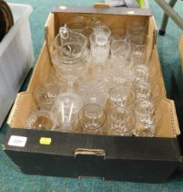 A quantity of glassware, comprising water jugs, decanter, tumblers, etc. (1 box)