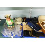Glass tumblers, part tea set, two Pendelfin rabbit figures, a Wedgwood blue Jasperware pin dish, Can