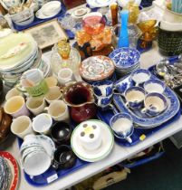 Blue and white part dinnerwares, Carnival glass, plates, sundae dishes, etc. (3 trays and a quantit