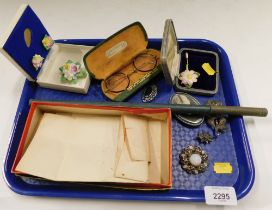 Costume jewellery, floral posy groups, marcasite brooches, Bath salt box, etc. (1 tray)