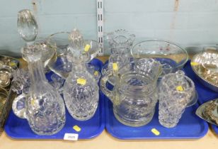 Decorative glassware, comprising two pressed glass decanters, shot glasses, fruit bowl, jug, butter