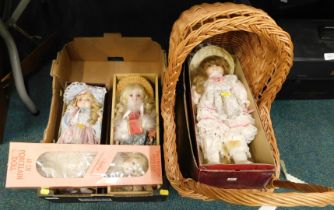 Four Leonardo collectors dolls, and a wicker pram.