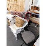 A rush back office chair, bamboo conservatory chair, Eastern style rug, two wicker baskets, towel ra