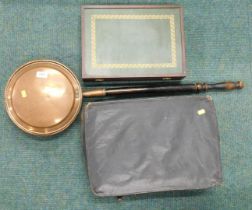 A copper warming pan, empty cutlery set, and a suitcase. (3)