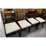 A set of four Regency style mahogany dining room chairs, with gilt inlay and drop in seats, in turqu