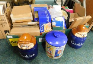 Various Tetley Tea commemorative ornaments, tea tins, miniature figures, cookie jar, etc. (2 boxes)