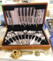 A Viners EPNS cased canteen of cutlery, and a small group of brassware.