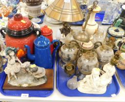 A Rumtopf jar, Capodimonte style figure group, hanging lamp and shades. (2 trays)