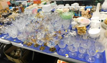 Decorative glassware, comprising orange lustre teacups, moulded decanter, etc.