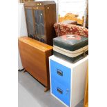 A set of modern office filing drawers, with blue fronts, a chrome finish hat stand, oak display cabi