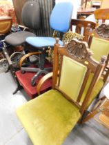 A mahogany swing framed dressing table mirror, two Edwardian green upholstered dining room chairs, t