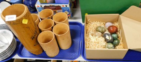 Turned wooden jug and beakers, marble eggs, etc. (2 trays)