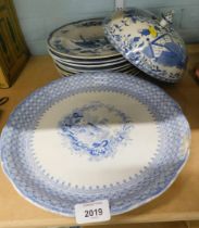 White china wares, comprising a 19thC lake scene cake stand, acorn finialed dome cover, and various