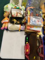 A quantity of cuddly toys, Care Bears, teddy bears, Scrabble for Juniors game, leather Gladstone typ