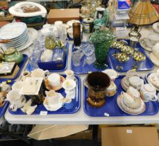 Glassware, comprising jugs, goblets, bells coloured glass vases, tea cups and saucers, egg shell por