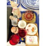 Decorative glassware, pin dishes, Continental porcelain figures, etc. (1 tray)