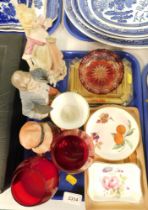 Decorative glassware, pin dishes, Continental porcelain figures, etc. (1 tray)