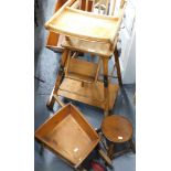 A high chair, a wheelbarrow, a cart and stool. (4)