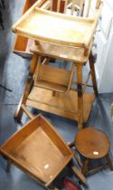 A high chair, a wheelbarrow, a cart and stool. (4)