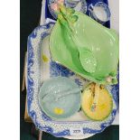 Two blue and white meat plates, Royal Winton cabbage leaf bowl and salad servers, and two side dishe