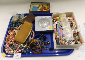 Costume jewellery, comprising copper bangles, faux pearl necklaces, dairy box, table lighters, etc.